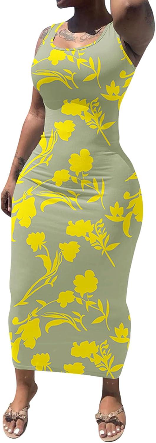 imagePINSV Womens Sexy Bodycon Tank Dress Basic Sleeveless Long Maxi Dresses Party Club Beach SundressesCgrey Yellow Flower