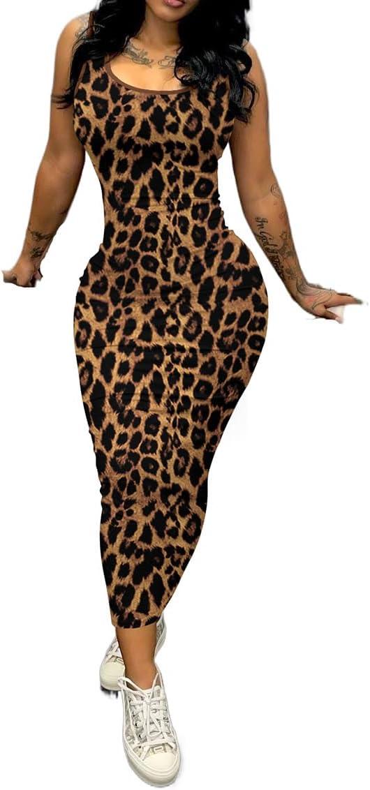 imagePINSV Womens Sexy Bodycon Tank Dress Basic Sleeveless Long Maxi Dresses Party Club Beach SundressesCleopard Print