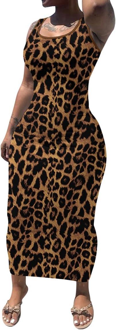 imagePINSV Womens Sexy Bodycon Tank Dress Basic Sleeveless Long Maxi Dresses Party Club Beach SundressesCleopard Print