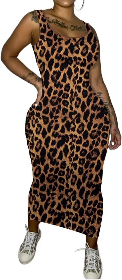 imagePINSV Womens Sexy Bodycon Tank Dress Basic Sleeveless Long Maxi Dresses Party Club Beach SundressesCleopard Print