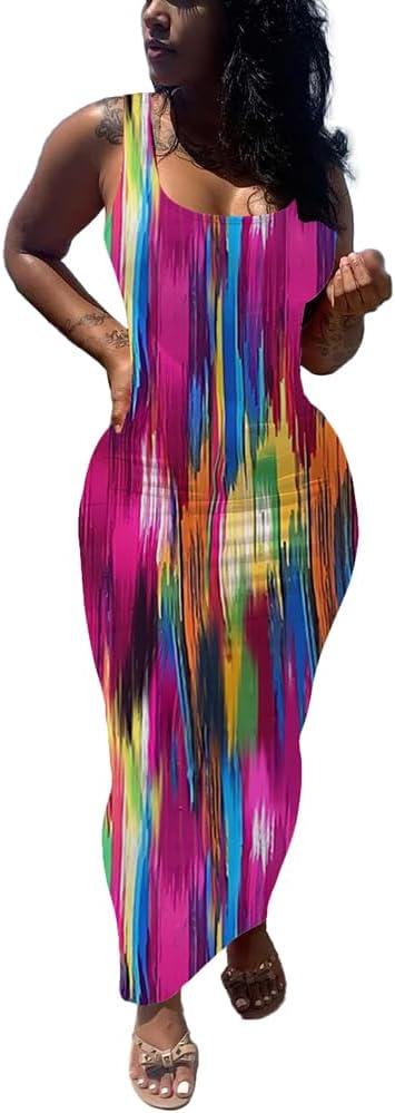 imagePINSV Womens Sexy Bodycon Tank Dress Basic Sleeveless Long Maxi Dresses Party Club Beach SundressesCstripe Print