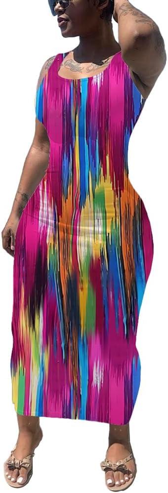imagePINSV Womens Sexy Bodycon Tank Dress Basic Sleeveless Long Maxi Dresses Party Club Beach SundressesCstripe Print