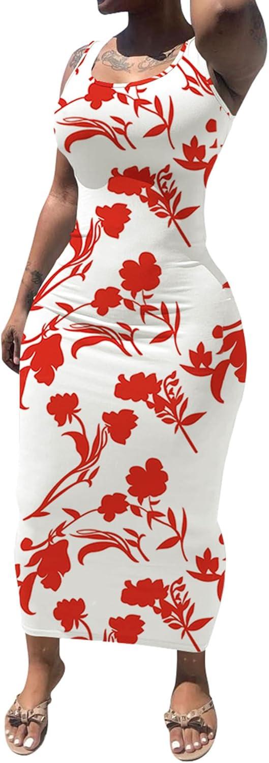 imagePINSV Womens Sexy Bodycon Tank Dress Basic Sleeveless Long Maxi Dresses Party Club Beach SundressesCwhite Red Flower