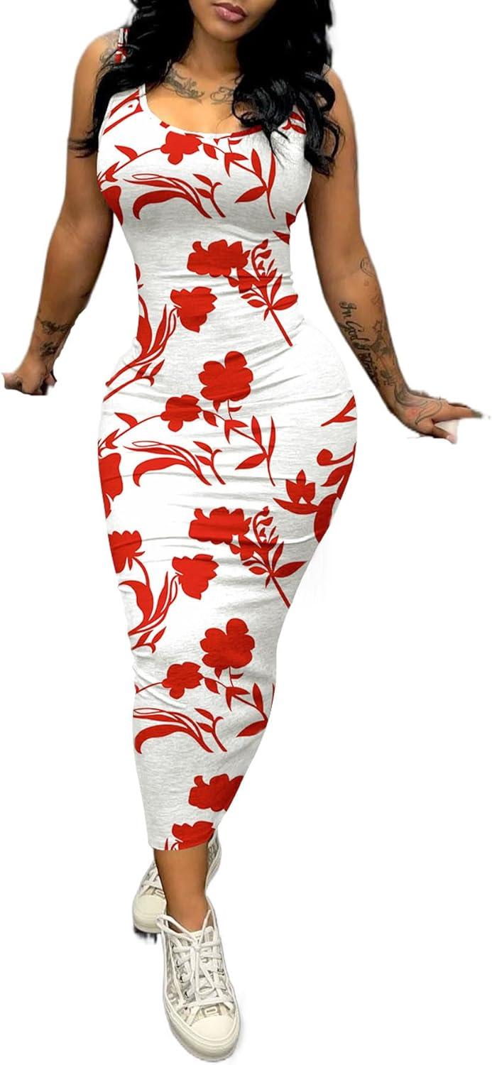 imagePINSV Womens Sexy Bodycon Tank Dress Basic Sleeveless Long Maxi Dresses Party Club Beach SundressesCwhite Red Flower