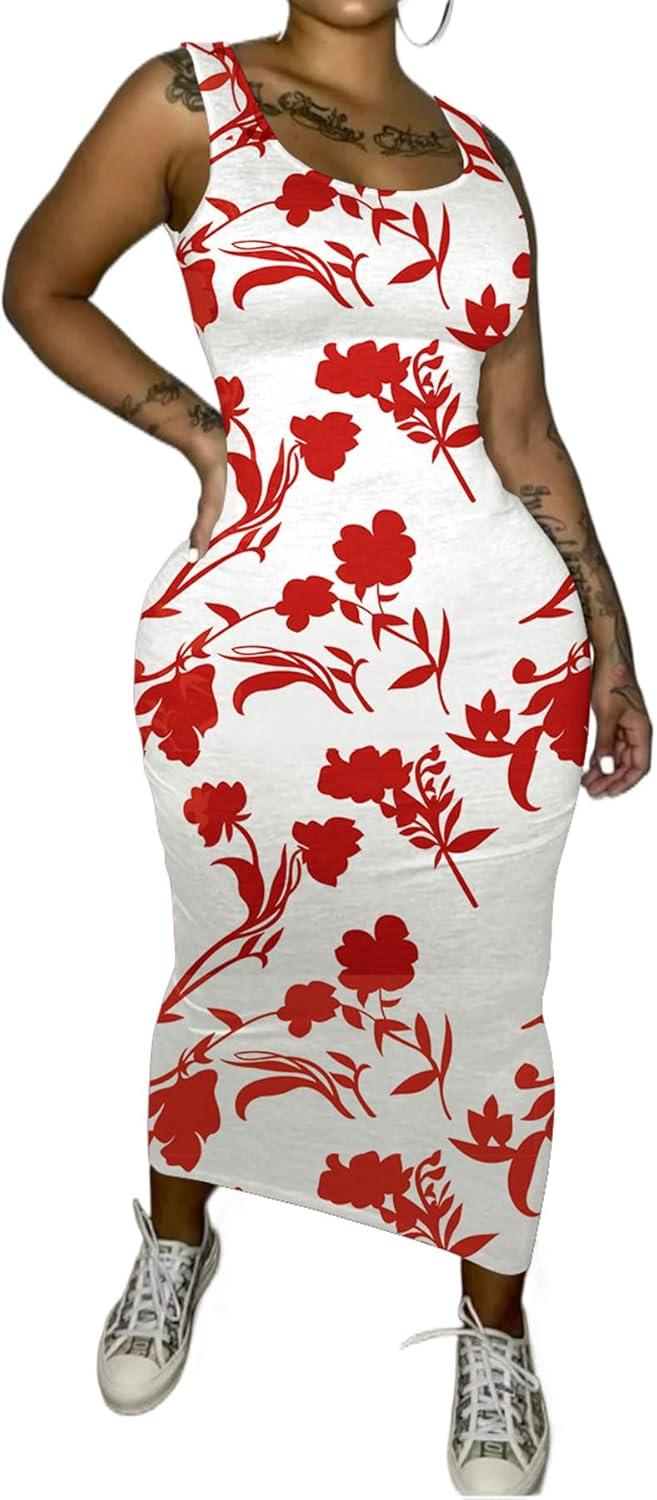 imagePINSV Womens Sexy Bodycon Tank Dress Basic Sleeveless Long Maxi Dresses Party Club Beach SundressesCwhite Red Flower