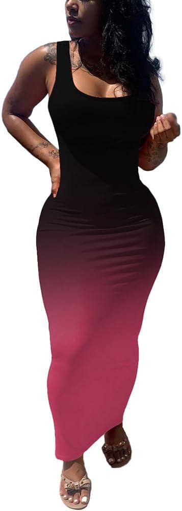 imagePINSV Womens Sexy Bodycon Tank Dress Basic Sleeveless Long Maxi Dresses Party Club Beach SundressesDblack Rose Gradient