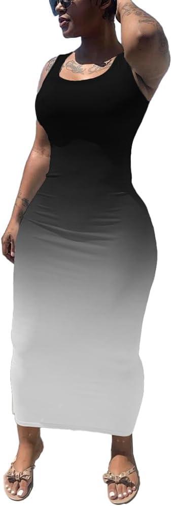 imagePINSV Womens Sexy Bodycon Tank Dress Basic Sleeveless Long Maxi Dresses Party Club Beach SundressesDblack White Gradient