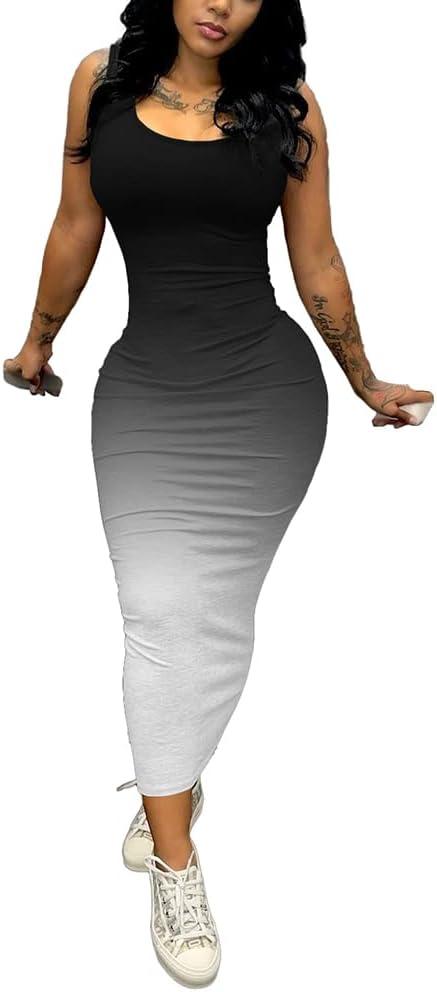 imagePINSV Womens Sexy Bodycon Tank Dress Basic Sleeveless Long Maxi Dresses Party Club Beach SundressesDblack White Gradient