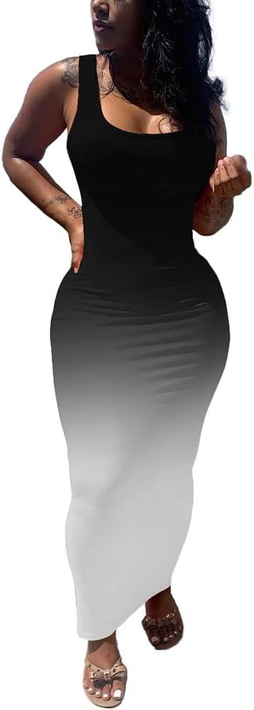 imagePINSV Womens Sexy Bodycon Tank Dress Basic Sleeveless Long Maxi Dresses Party Club Beach SundressesDblack White Gradient