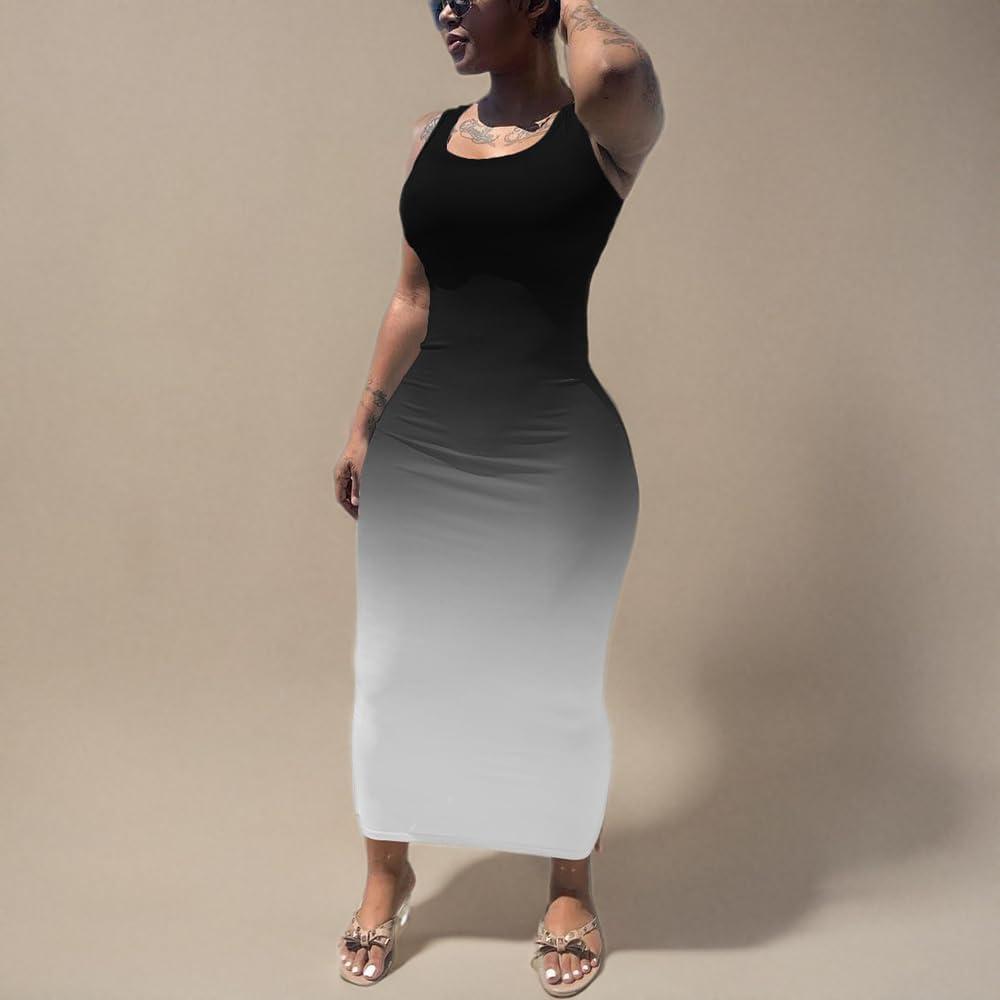 imagePINSV Womens Sexy Bodycon Tank Dress Basic Sleeveless Long Maxi Dresses Party Club Beach SundressesDblack White Gradient
