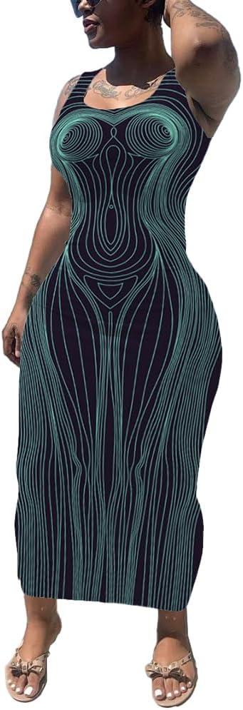 imagePINSV Womens Sexy Bodycon Tank Dress Basic Sleeveless Long Maxi Dresses Party Club Beach SundressesDbody Line Print