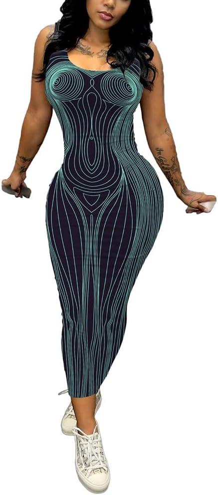 imagePINSV Womens Sexy Bodycon Tank Dress Basic Sleeveless Long Maxi Dresses Party Club Beach SundressesDbody Line Print