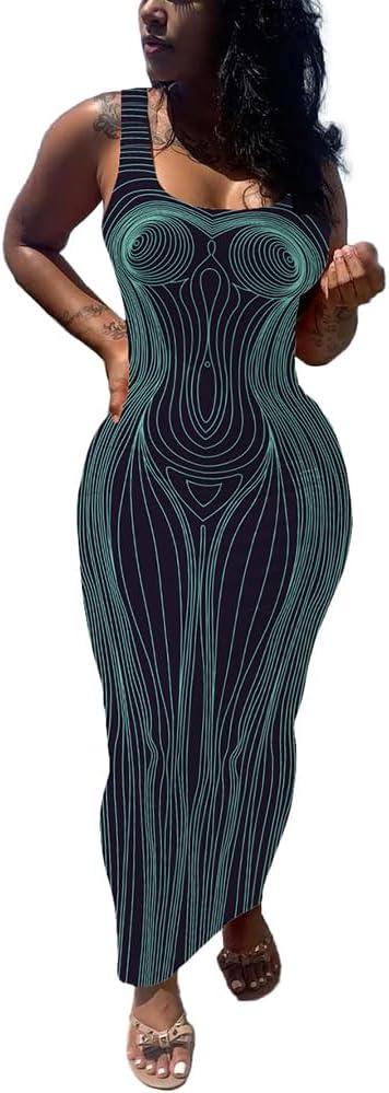 imagePINSV Womens Sexy Bodycon Tank Dress Basic Sleeveless Long Maxi Dresses Party Club Beach SundressesDbody Line Print