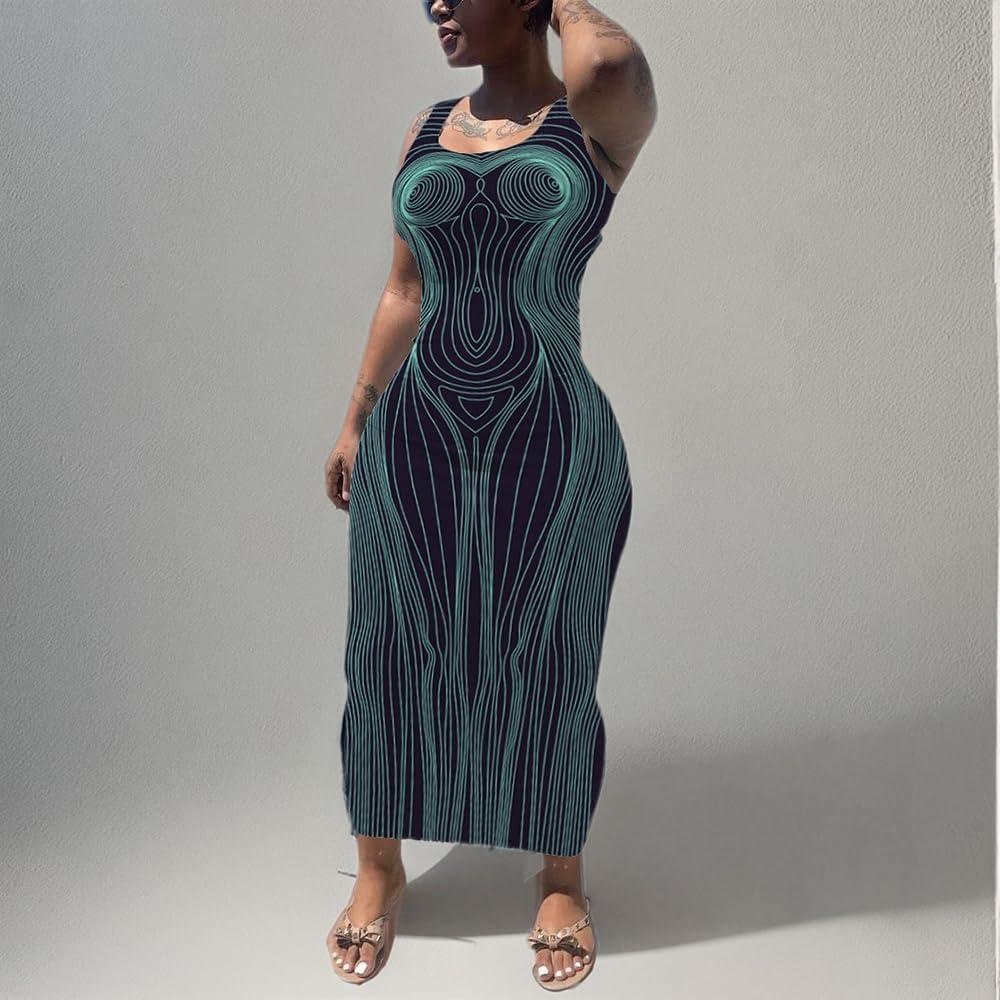 imagePINSV Womens Sexy Bodycon Tank Dress Basic Sleeveless Long Maxi Dresses Party Club Beach SundressesDbody Line Print