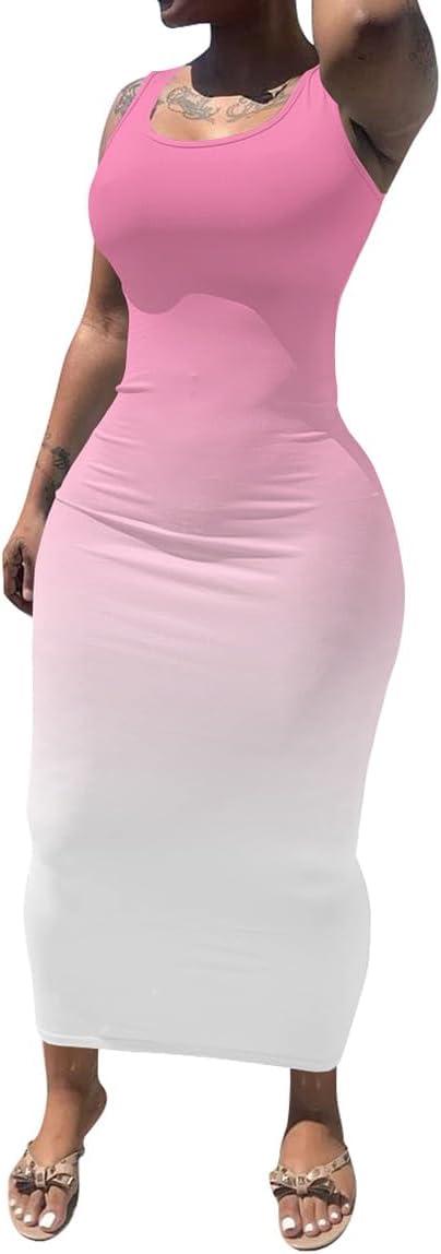 imagePINSV Womens Sexy Bodycon Tank Dress Basic Sleeveless Long Maxi Dresses Party Club Beach SundressesDpink Gradient