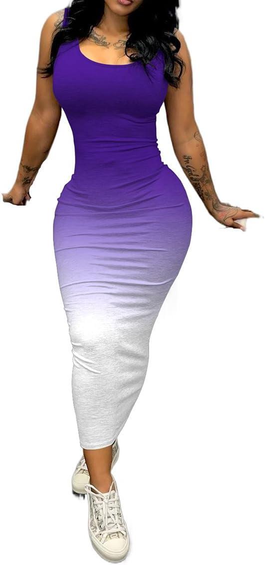 imagePINSV Womens Sexy Bodycon Tank Dress Basic Sleeveless Long Maxi Dresses Party Club Beach SundressesDpurple Gradient