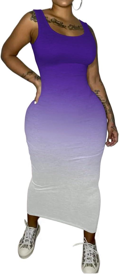imagePINSV Womens Sexy Bodycon Tank Dress Basic Sleeveless Long Maxi Dresses Party Club Beach SundressesDpurple Gradient