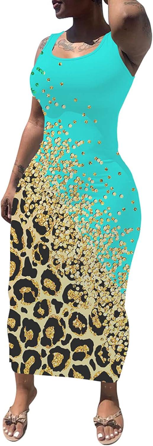 imagePINSV Womens Sexy Bodycon Tank Dress Basic Sleeveless Long Maxi Dresses Party Club Beach SundressesLeopard Print