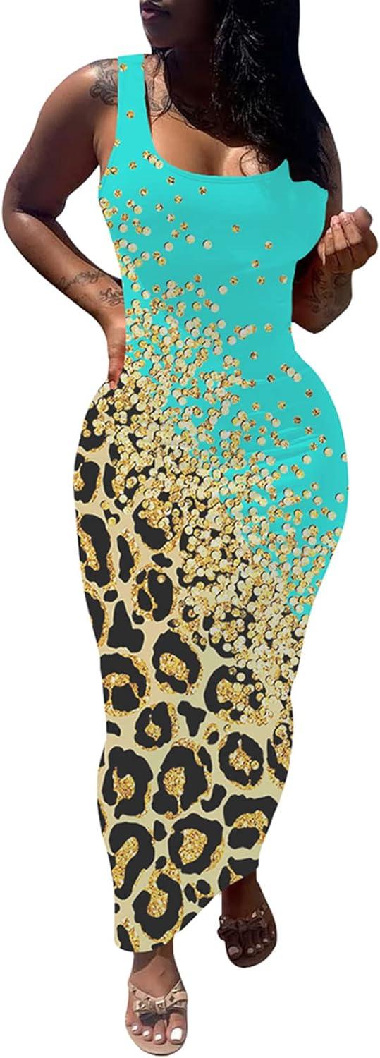 imagePINSV Womens Sexy Bodycon Tank Dress Basic Sleeveless Long Maxi Dresses Party Club Beach SundressesLeopard Print