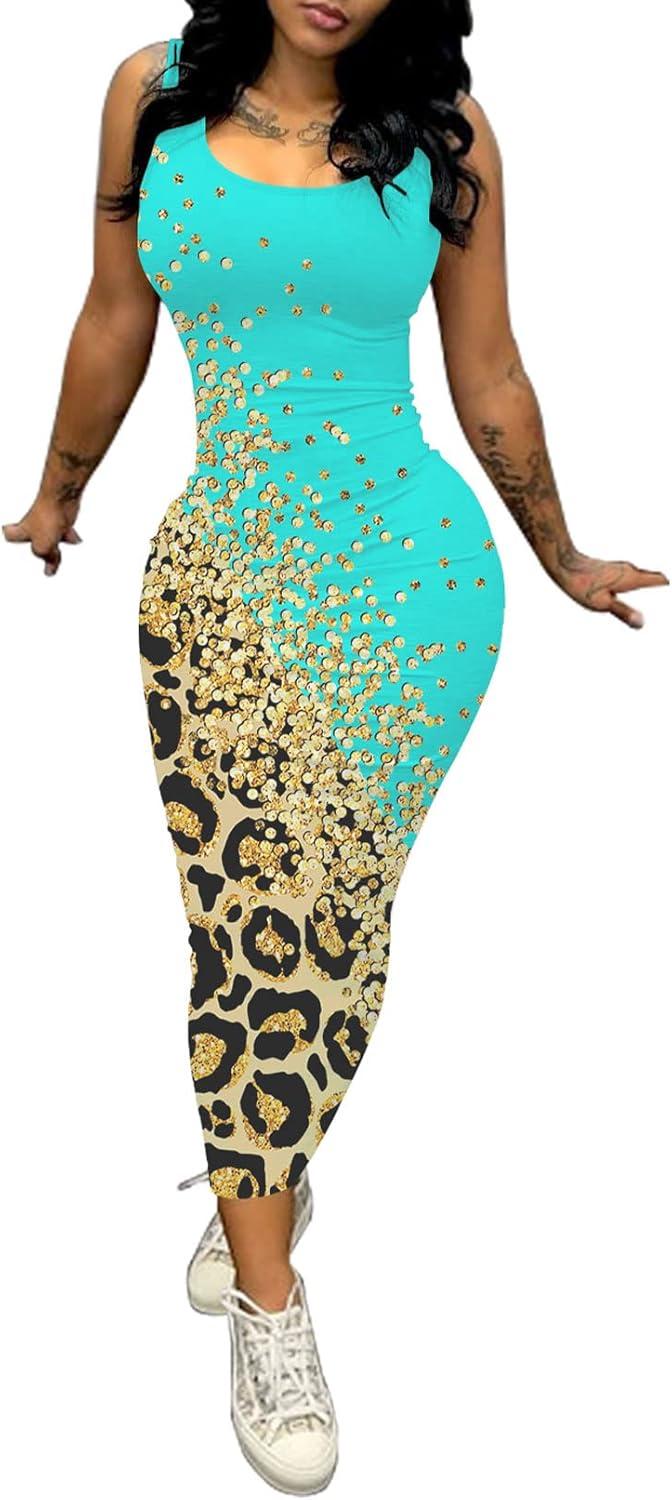 imagePINSV Womens Sexy Bodycon Tank Dress Basic Sleeveless Long Maxi Dresses Party Club Beach SundressesLeopard Print