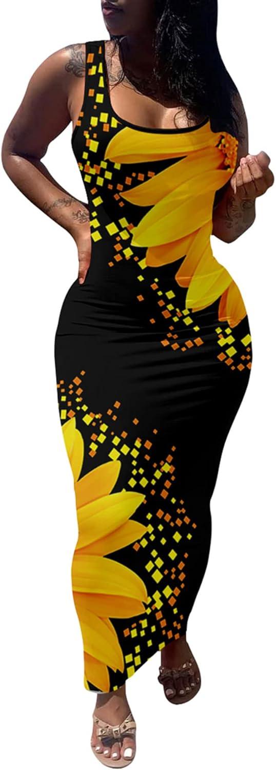 imagePINSV Womens Sexy Bodycon Tank Dress Basic Sleeveless Long Maxi Dresses Party Club Beach SundressesSunflower