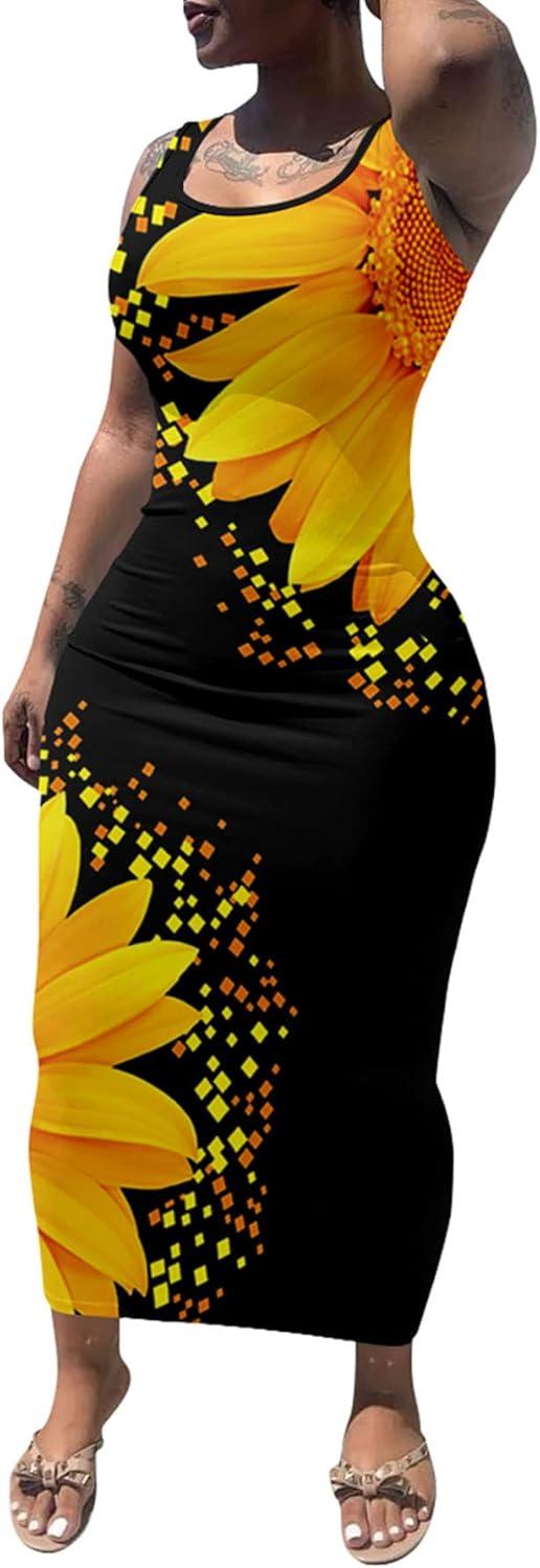 imagePINSV Womens Sexy Bodycon Tank Dress Basic Sleeveless Long Maxi Dresses Party Club Beach SundressesSunflower