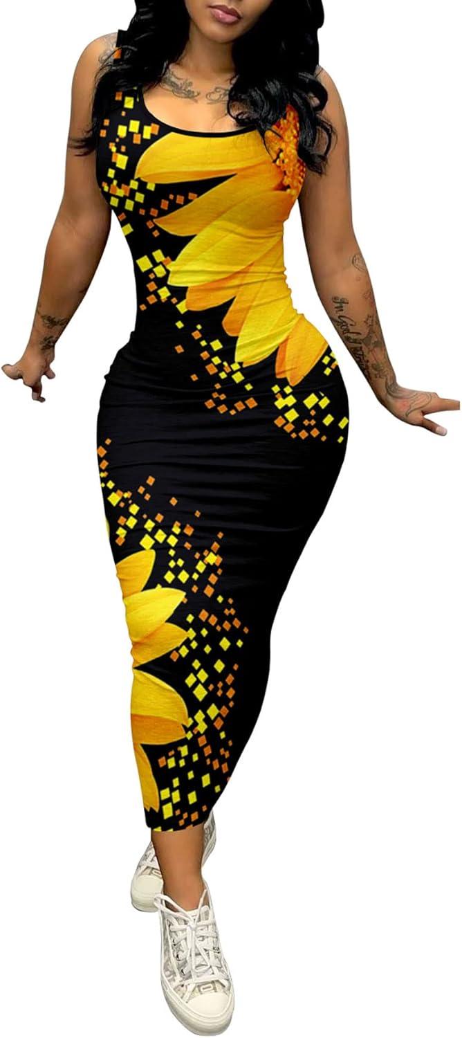 imagePINSV Womens Sexy Bodycon Tank Dress Basic Sleeveless Long Maxi Dresses Party Club Beach SundressesSunflower