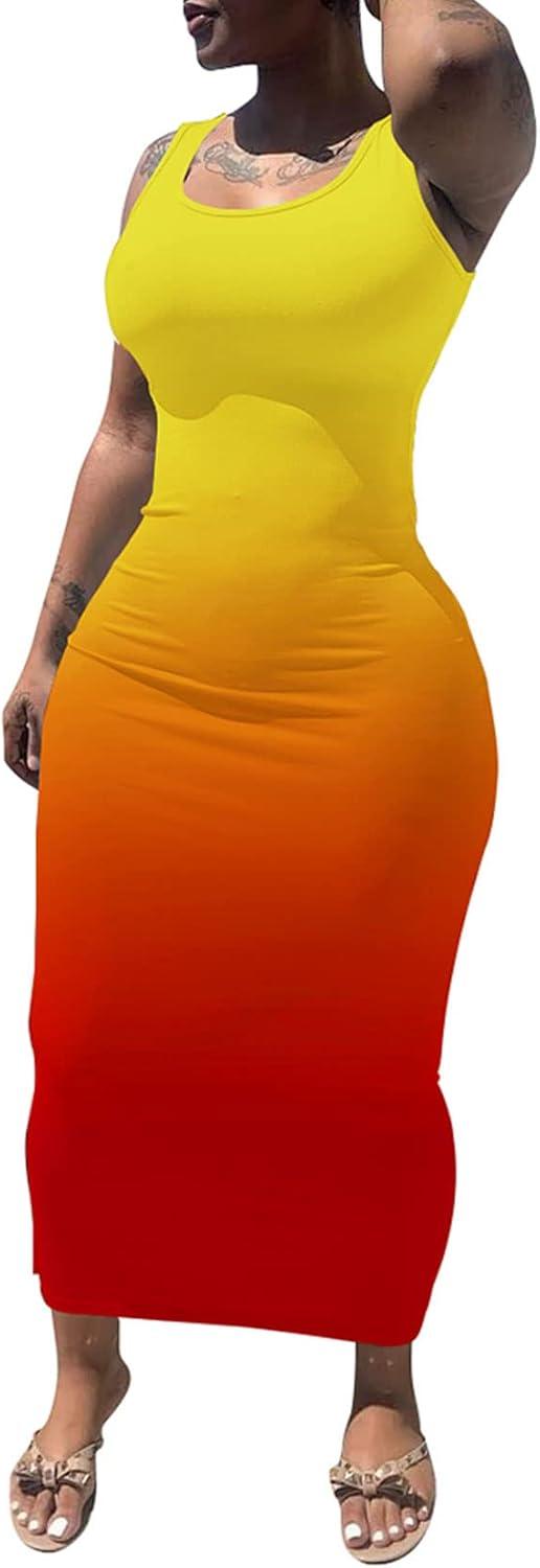 imagePINSV Womens Sexy Bodycon Tank Dress Basic Sleeveless Long Maxi Dresses Party Club Beach SundressesYellow Red Gradient