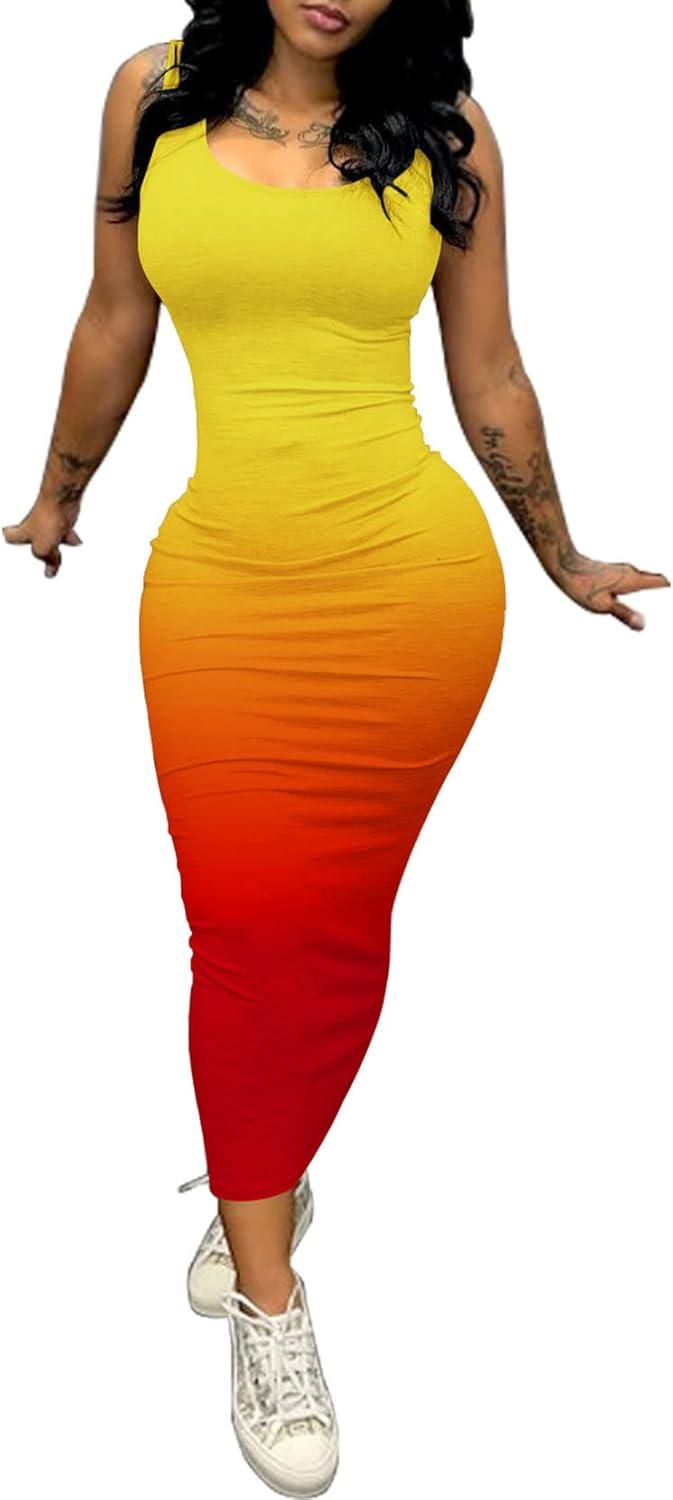 imagePINSV Womens Sexy Bodycon Tank Dress Basic Sleeveless Long Maxi Dresses Party Club Beach SundressesYellow Red Gradient