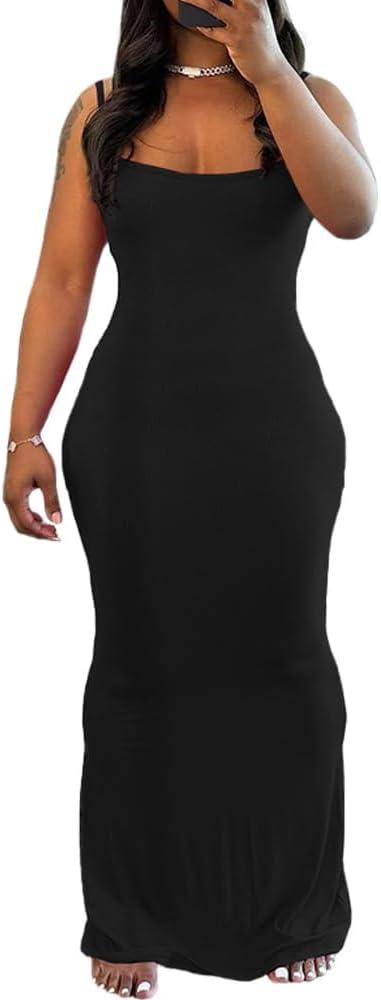 imagePINSV Womens Summer Casual Slip Dresses Spaghetti Strap Bodycon Maxi DressBlack