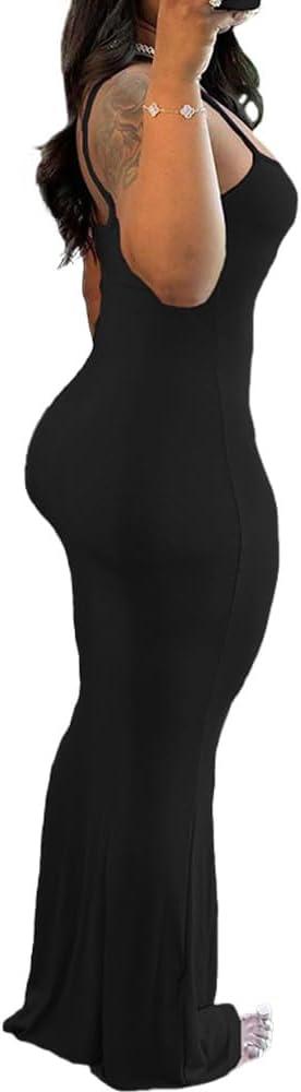 imagePINSV Womens Summer Casual Slip Dresses Spaghetti Strap Bodycon Maxi DressBlack