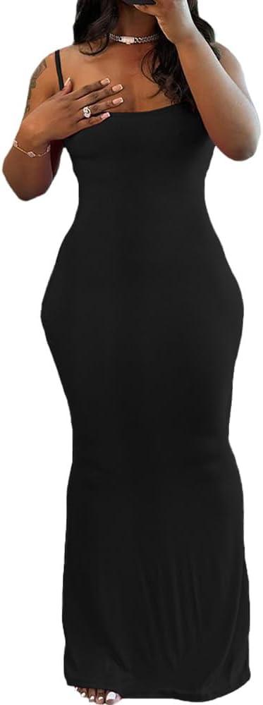 imagePINSV Womens Summer Casual Slip Dresses Spaghetti Strap Bodycon Maxi DressBlack