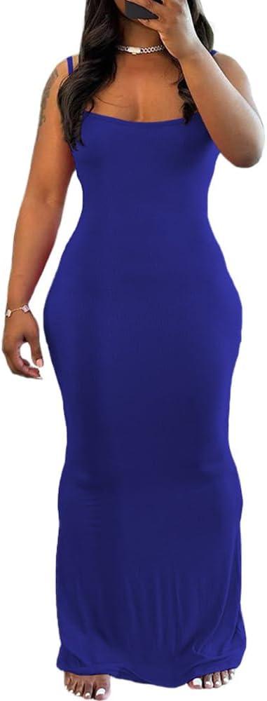 imagePINSV Womens Summer Casual Slip Dresses Spaghetti Strap Bodycon Maxi DressBlue