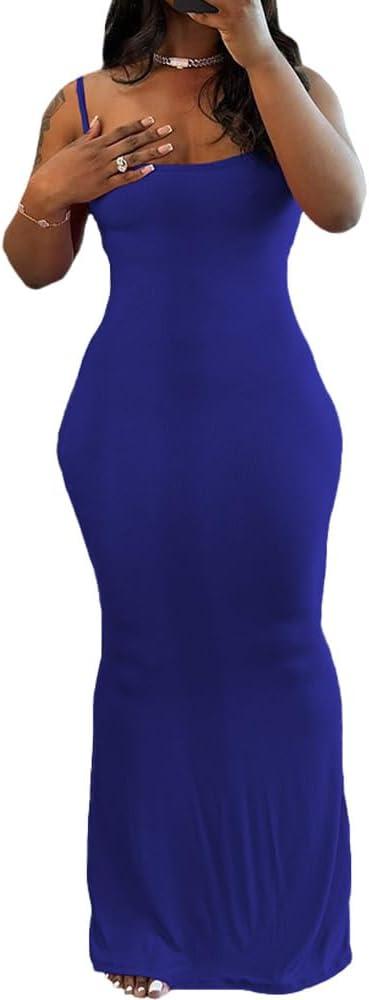 imagePINSV Womens Summer Casual Slip Dresses Spaghetti Strap Bodycon Maxi DressBlue