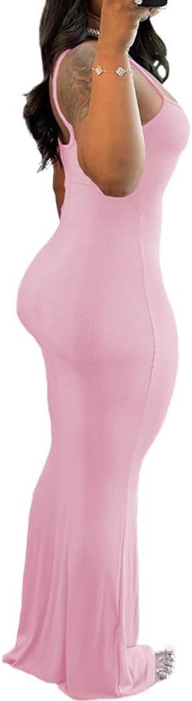 imagePINSV Womens Summer Casual Slip Dresses Spaghetti Strap Bodycon Maxi DressPink