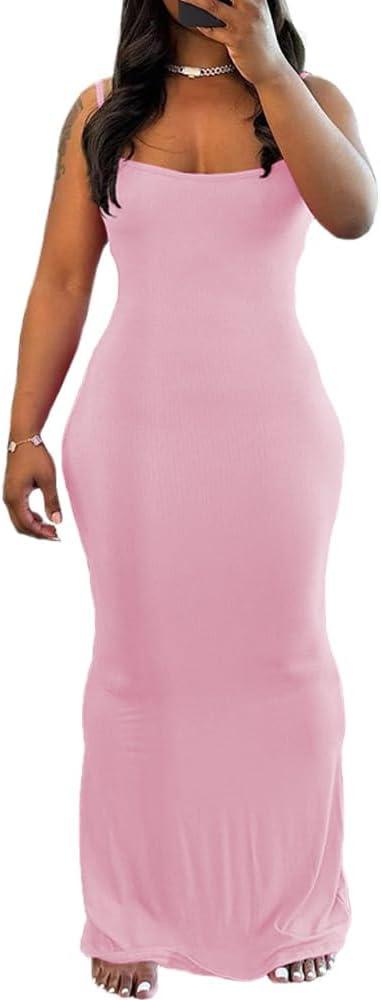 imagePINSV Womens Summer Casual Slip Dresses Spaghetti Strap Bodycon Maxi DressPink