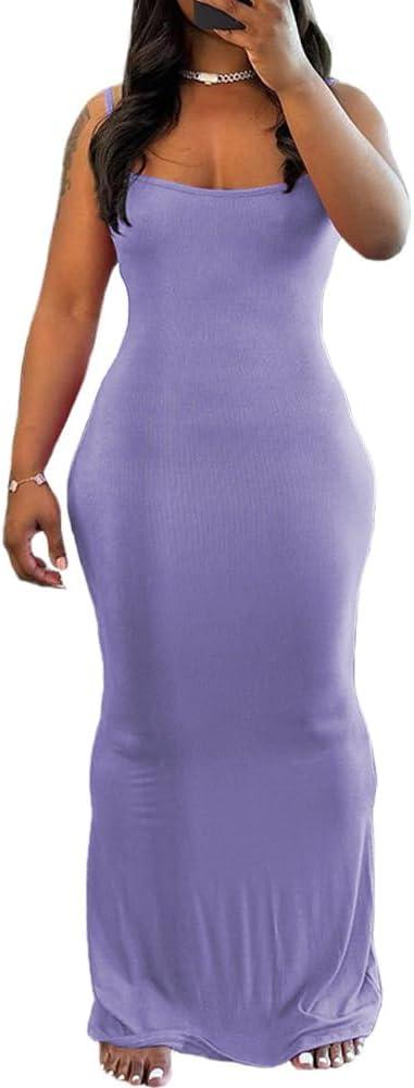 imagePINSV Womens Summer Casual Slip Dresses Spaghetti Strap Bodycon Maxi DressPurple