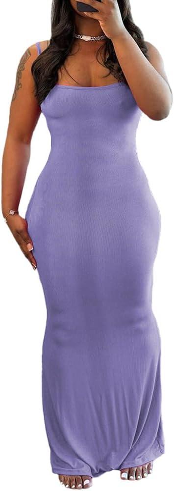 imagePINSV Womens Summer Casual Slip Dresses Spaghetti Strap Bodycon Maxi DressPurple