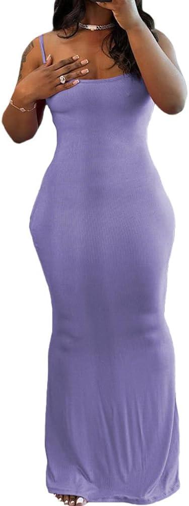 imagePINSV Womens Summer Casual Slip Dresses Spaghetti Strap Bodycon Maxi DressPurple