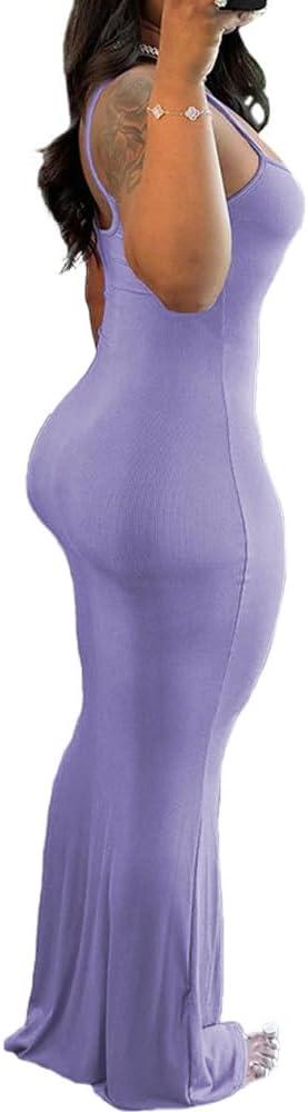 imagePINSV Womens Summer Casual Slip Dresses Spaghetti Strap Bodycon Maxi DressPurple