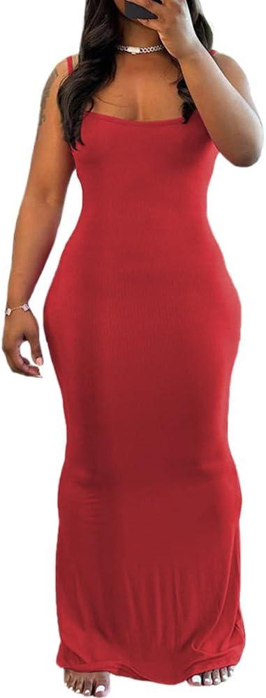 imagePINSV Womens Summer Casual Slip Dresses Spaghetti Strap Bodycon Maxi DressRed