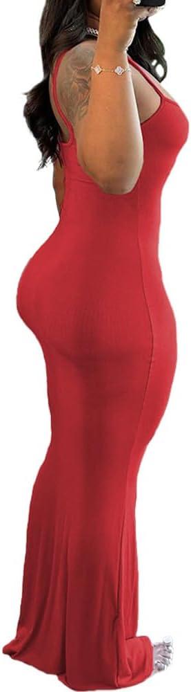 imagePINSV Womens Summer Casual Slip Dresses Spaghetti Strap Bodycon Maxi DressRed