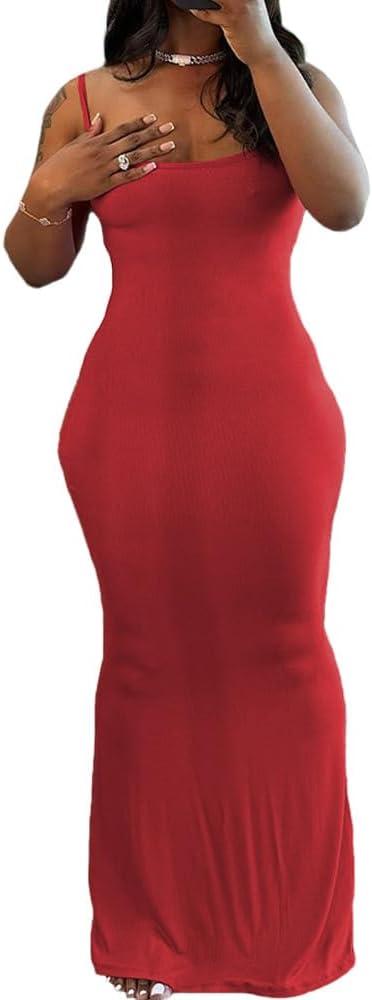 imagePINSV Womens Summer Casual Slip Dresses Spaghetti Strap Bodycon Maxi DressRed