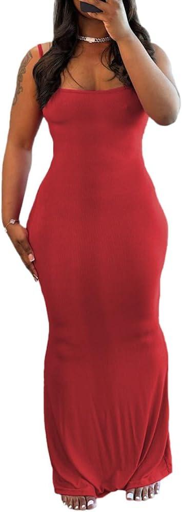 imagePINSV Womens Summer Casual Slip Dresses Spaghetti Strap Bodycon Maxi DressRed