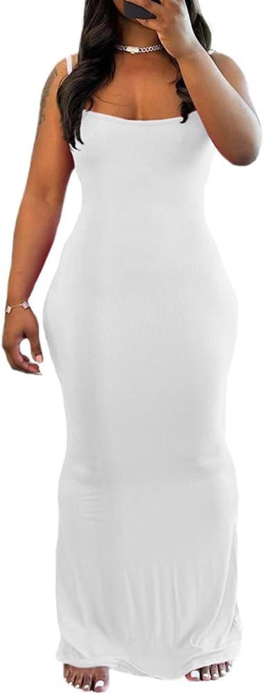 imagePINSV Womens Summer Casual Slip Dresses Spaghetti Strap Bodycon Maxi DressWhite