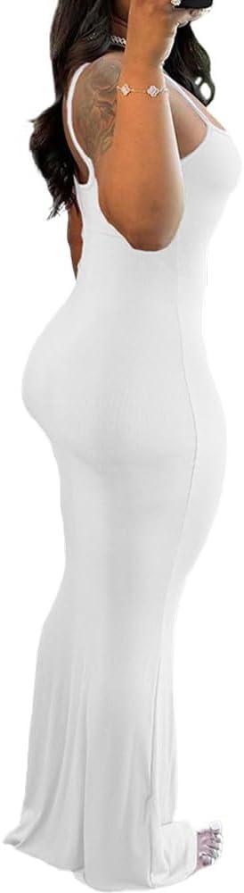 imagePINSV Womens Summer Casual Slip Dresses Spaghetti Strap Bodycon Maxi DressWhite