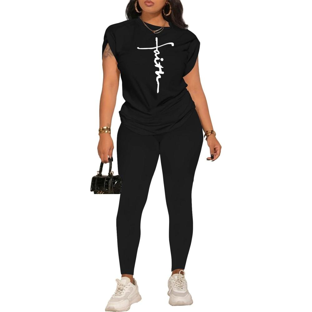 imagePINSV Women 2 Piece Outfits Summer Sweatsuits Track Suits Short Tops Long Pant Sweat Suit Legging Jogger SetsBlack a