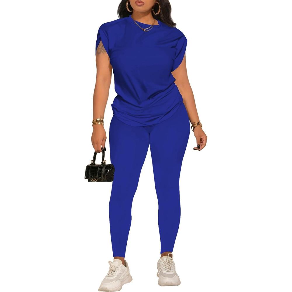 imagePINSV Women 2 Piece Outfits Summer Sweatsuits Track Suits Short Tops Long Pant Sweat Suit Legging Jogger SetsBlue