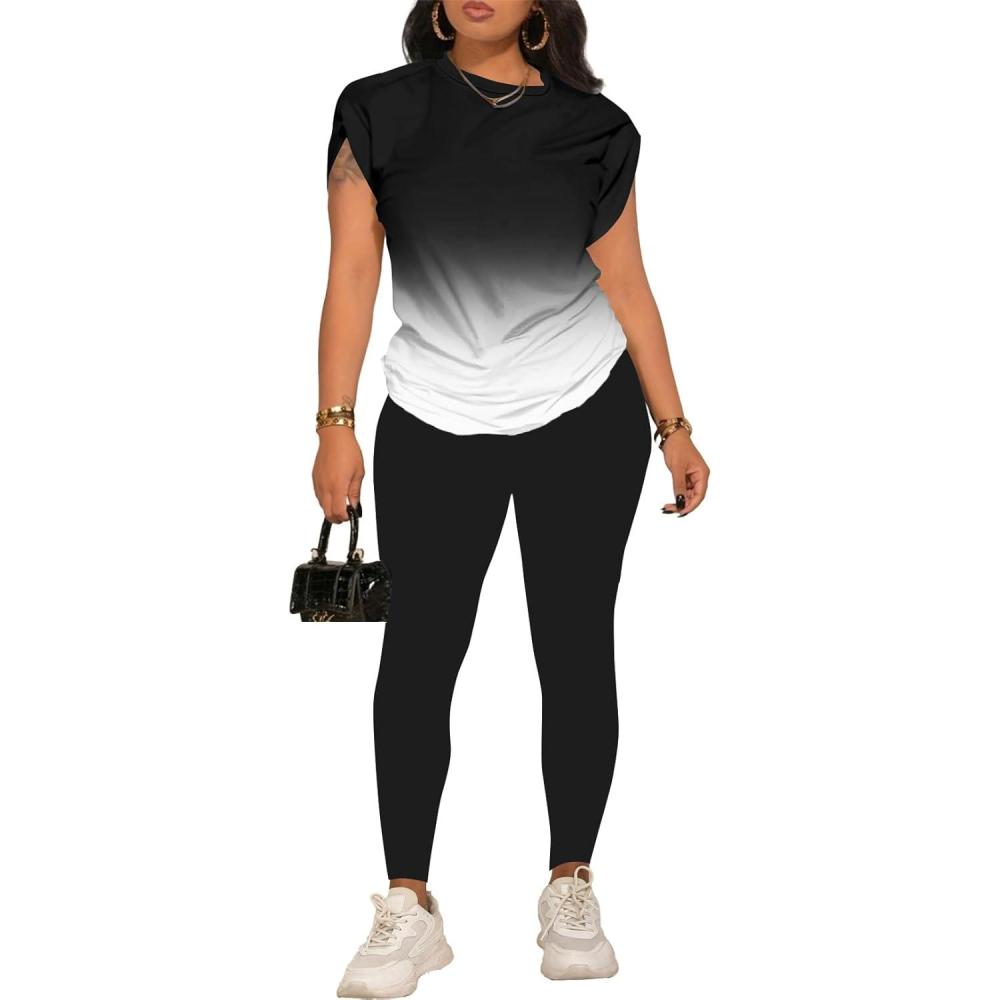 imagePINSV Women 2 Piece Outfits Summer Sweatsuits Track Suits Short Tops Long Pant Sweat Suit Legging Jogger SetsGradient Black