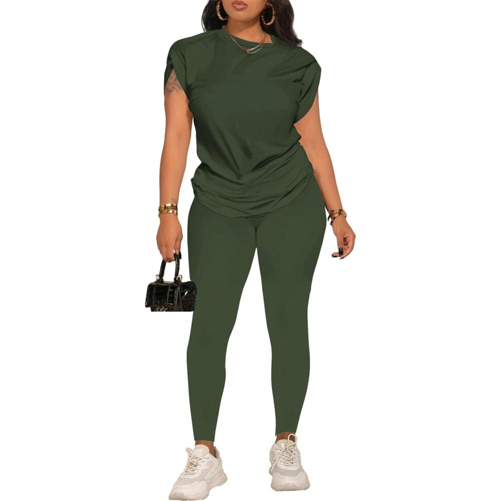 imagePINSV Women 2 Piece Outfits Summer Sweatsuits Track Suits Short Tops Long Pant Sweat Suit Legging Jogger SetsGreen